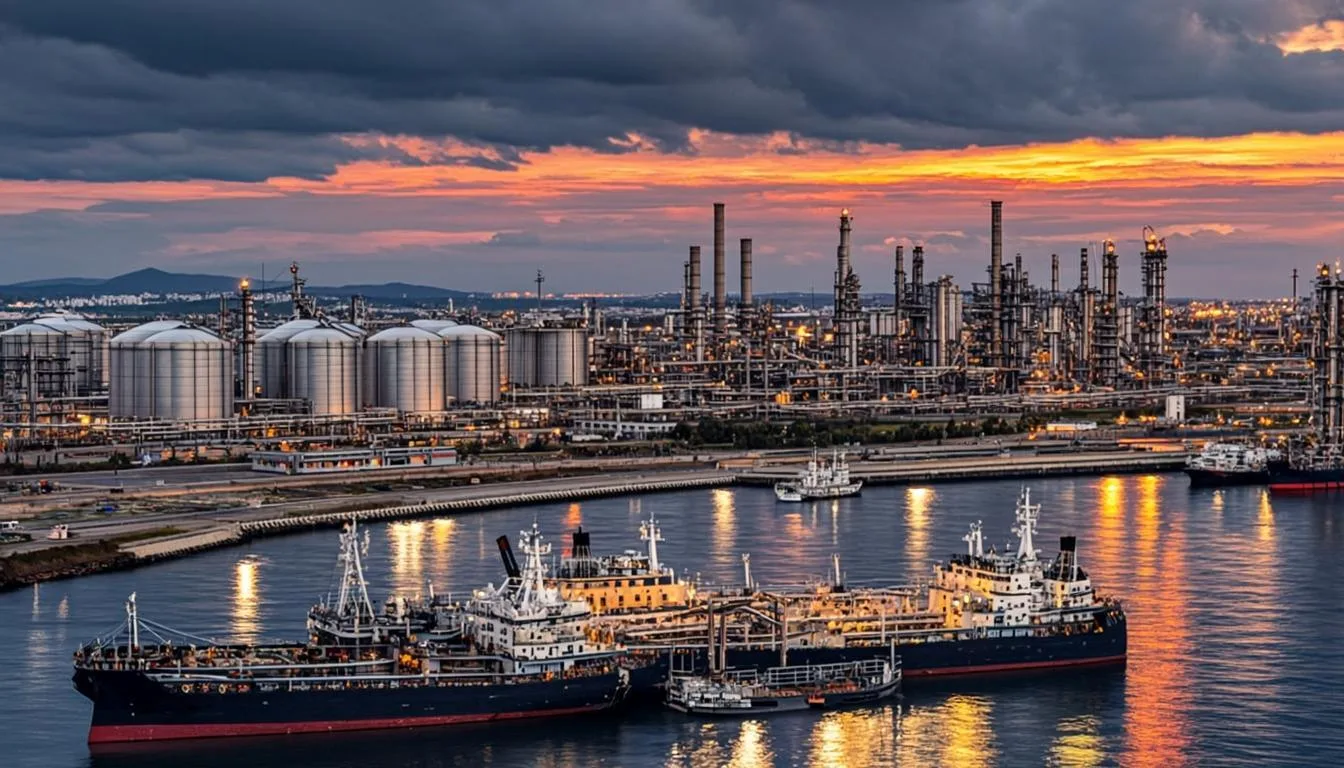 Oil terminal at dusk with tanker berthed